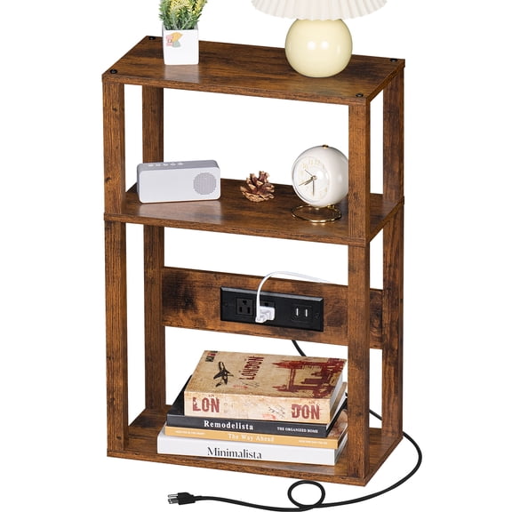 Narrow Side Table with Charging Station, 3 Tier Slim End Table with Storage Shelf for Small Spaces, Thin Tables Small Nightstand Magazine Rack for Bedroom, Brown