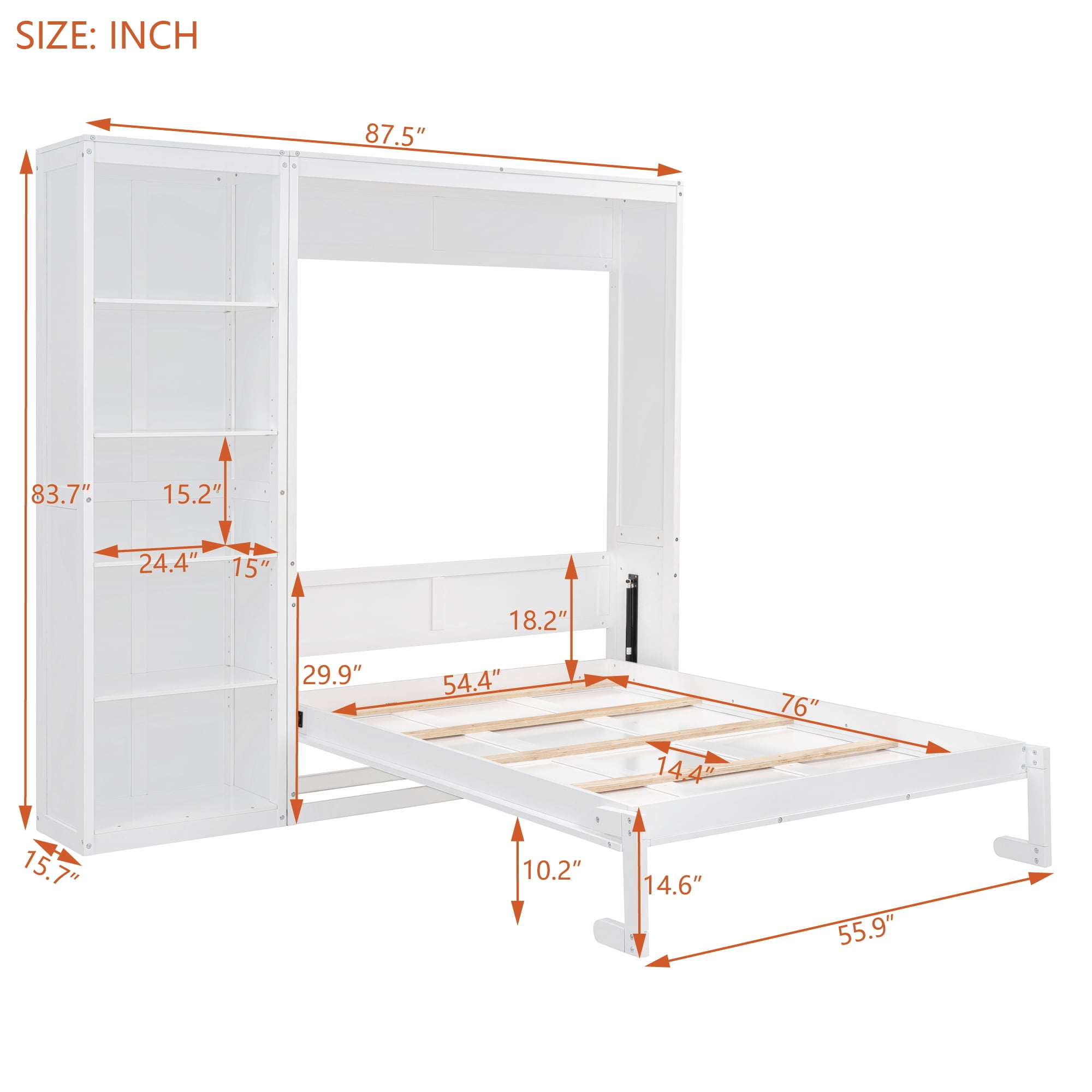Aukfa Full Size Murphy Bed, Wood Cabinet Bed Frame with Adujstable Shelves, Foldable Platform Wall Bed Frame for Guest-Room, Home, Office, White