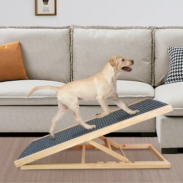 Dog Ramp for Couch, Bed or Car, Wooden 17" W Foldable Pet Stairs with Non-Slip Rubber Surface, Extra Wide Excellent Traction, Hold up to 80lb, Adjustable Dog Ramp for Small Dogs, Natural Wood