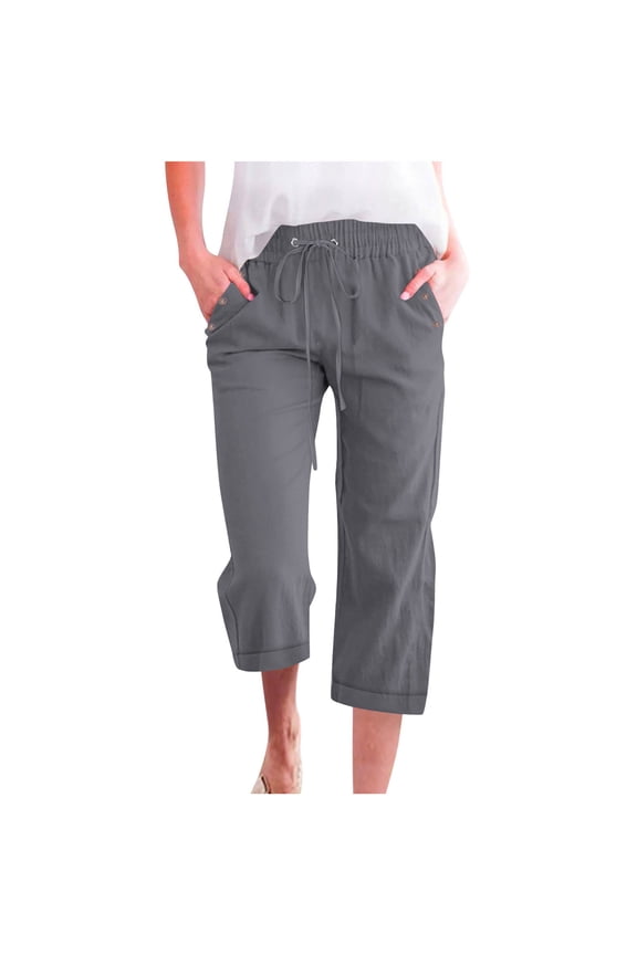 Plus Size Capris for Women Cotton Linen Casual Summer Lightweight Breathable Drawstring Elastic Waist Capri Pants with Pockets
