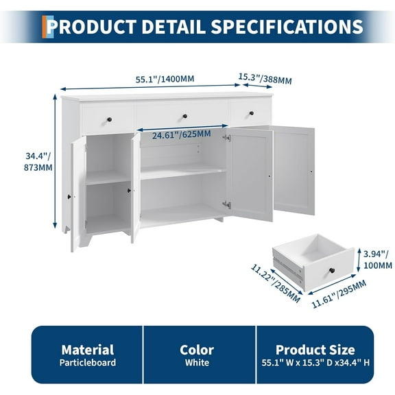 Acekid Sideboard Buffet Cabinet With Storage Minimalist Kitchen Storage Cabinet With 3 Drawers 4 Doors Buffet Console Table Coffee Bar With Adjustable Shelf For Dining Living Room White 55inch