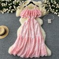 thumbnail image 4 of Vestido de verano con hombros descubiertos para mujer, Vestido con tirantes, volantes, manga de burbuja, ahuecado, bordado, hada, 4 of 5