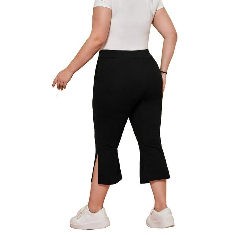 Women's Elegant Plain Flare Leg Black Capris Plus Size Pants 4XL (20) 