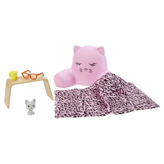 Barbie Doll Lounge Accessory Pack with 6 Pieces, Cozy Pillow, Blanket, Pet Cat & More, Multicolor