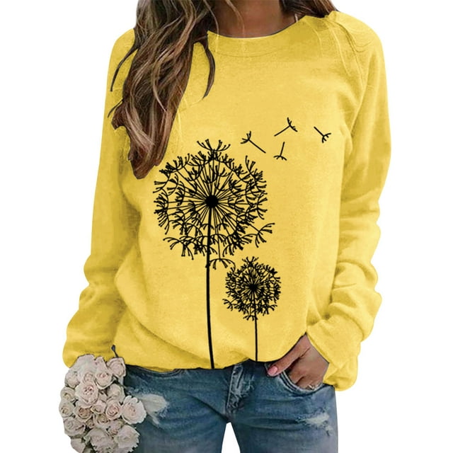 ZXZY Women Dandelion Graphic Print Round Neck Long Sleeve Pullover