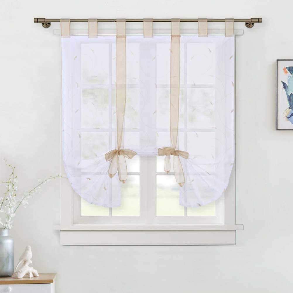 1PC Coffee Voile Embroidery Pattern Kitchen Curtains Door Panel Tab Top Drape 