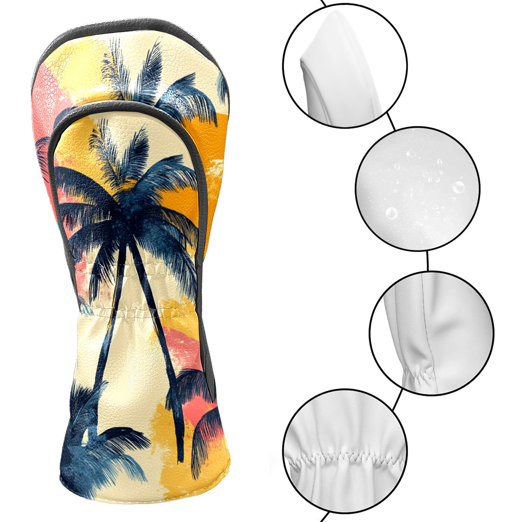 Golf Club Head Covers - Coconut Tree Pattern Design, Premium PU Leather Driver/Hybrid Cover with Velvet Lining, Waterproof | Unisex Golf Gift