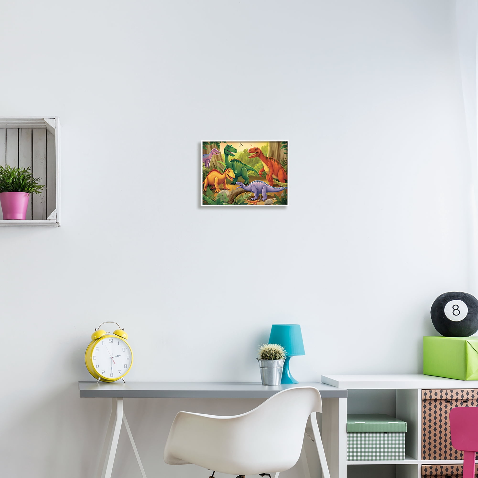 Stupell Industries Dinosaurs in Jungle Scene Animals & Insects Painting White Framed Art Print Wall Art, 14 x 11