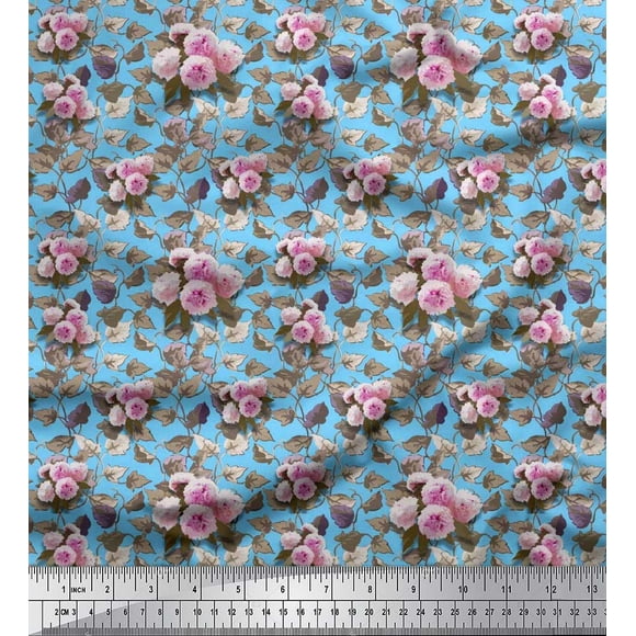 Soimoi Satin Silk Fabric Leaves & Peony Floral Fabric Prints by Yard 42 Inch Wide