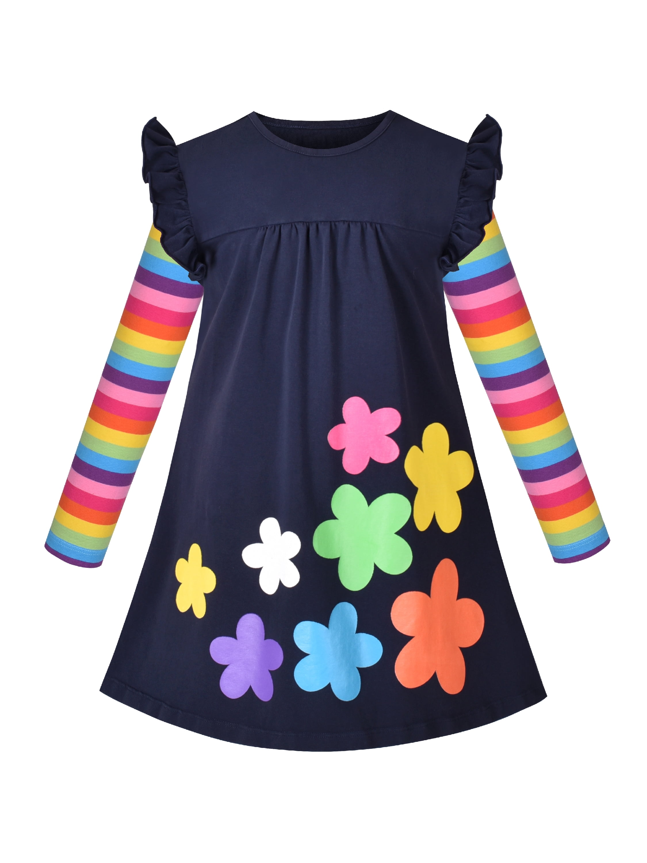 Sunny Fashion Girls Dress Colorful Daisy Flower Rainbow Long Sleeve Cotton