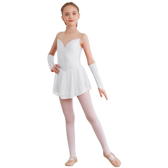 iiniim Kids Girls Rhinestone Figure Ice Roller Skating Dance Dress Modern Jazz Ballet Leotard Dress with Gloves Dancewear White 14
