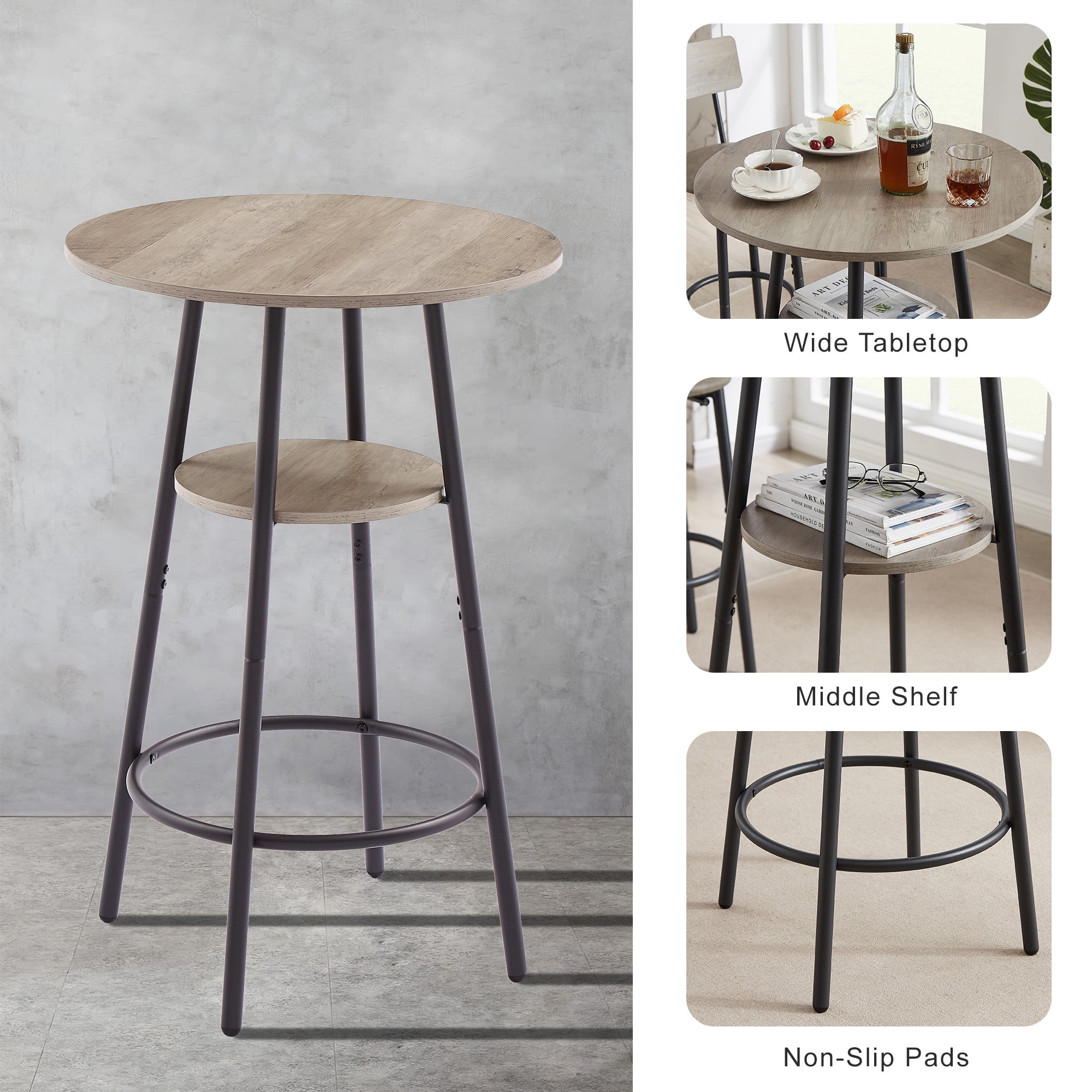 AUKFA 3-Piece Bar Table Set, Pub Dining Table, PU Upholstered Stools with Backrest for Kitchen Small Space, Gray