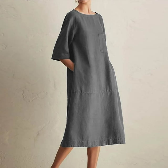 JUNWELL Caftan Ample Robe Longue pour Femmes Grande Taille Robe en Lin Été Décontractée Sans Manches Col Ras du Cou Poches Robe Maxi