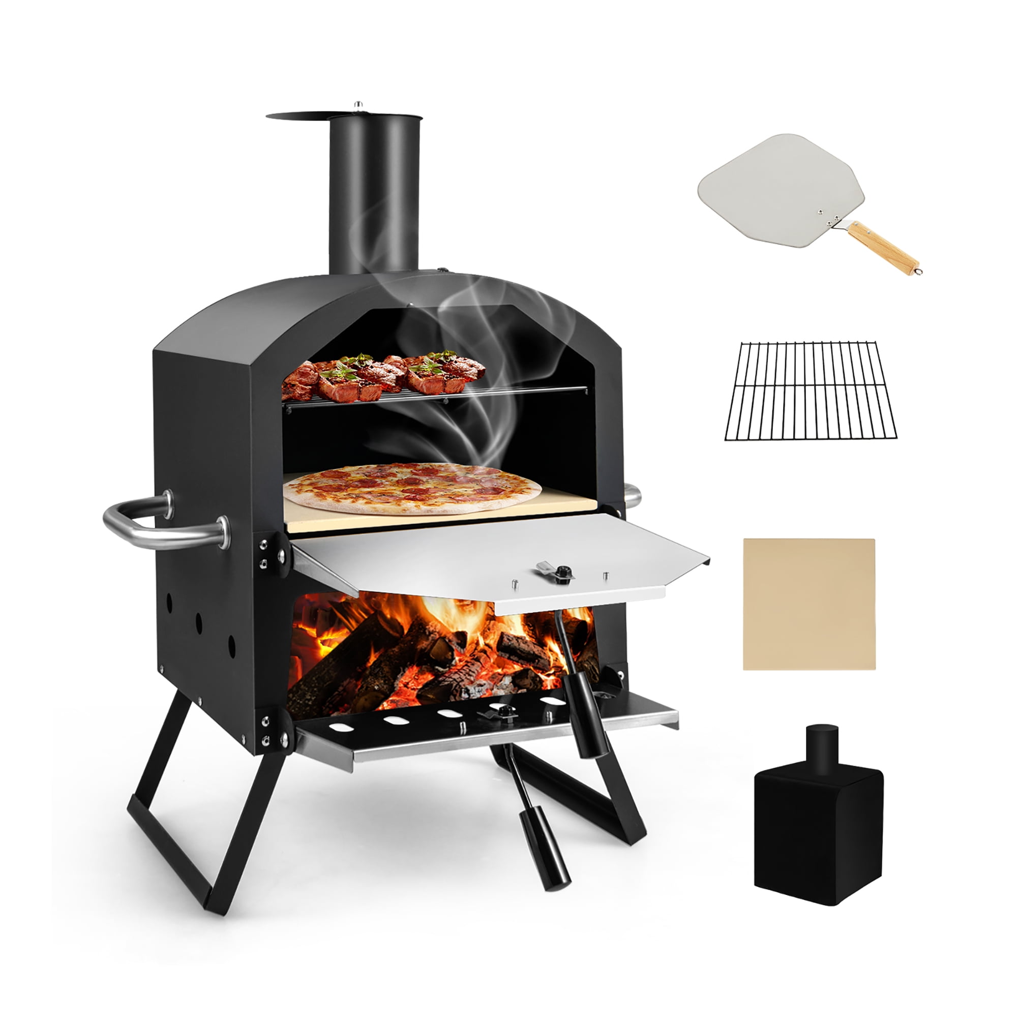Costway 2-Layer Pizza Oven Wood Fired Pizza Grill Outside Pizza Maker with Waterproof Cover