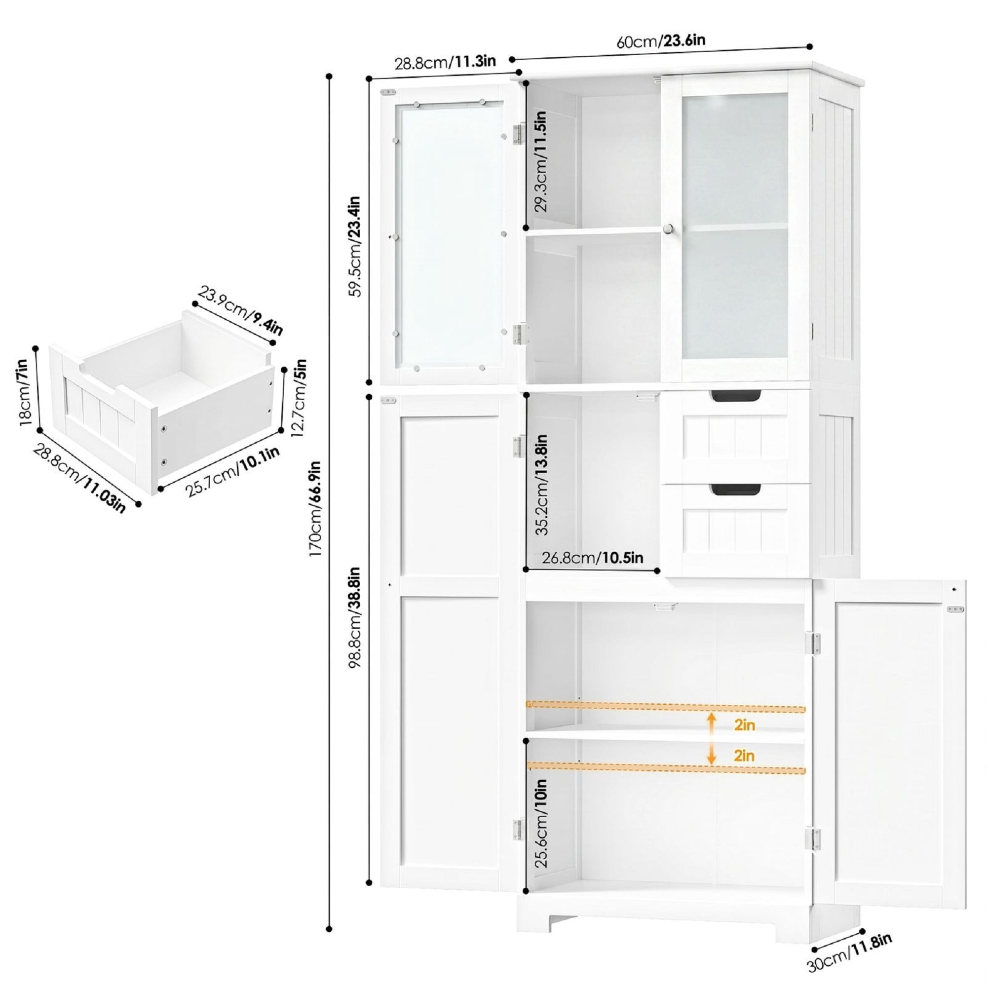 Homfa Kitchen Pantry Storage Cabinet, 67" White Pantry Cabinet with Doors and Removable Drawers, Freestanding Cupboard for Dining Room