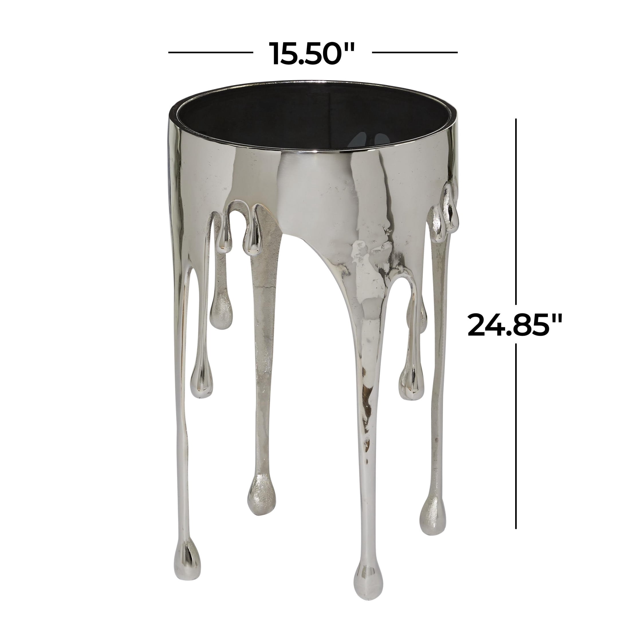 DecMode 16"W, 25"H Contemporary Accent Table with Tempered Glass Top, Raw Aluminum Finish with Melting Silver Design