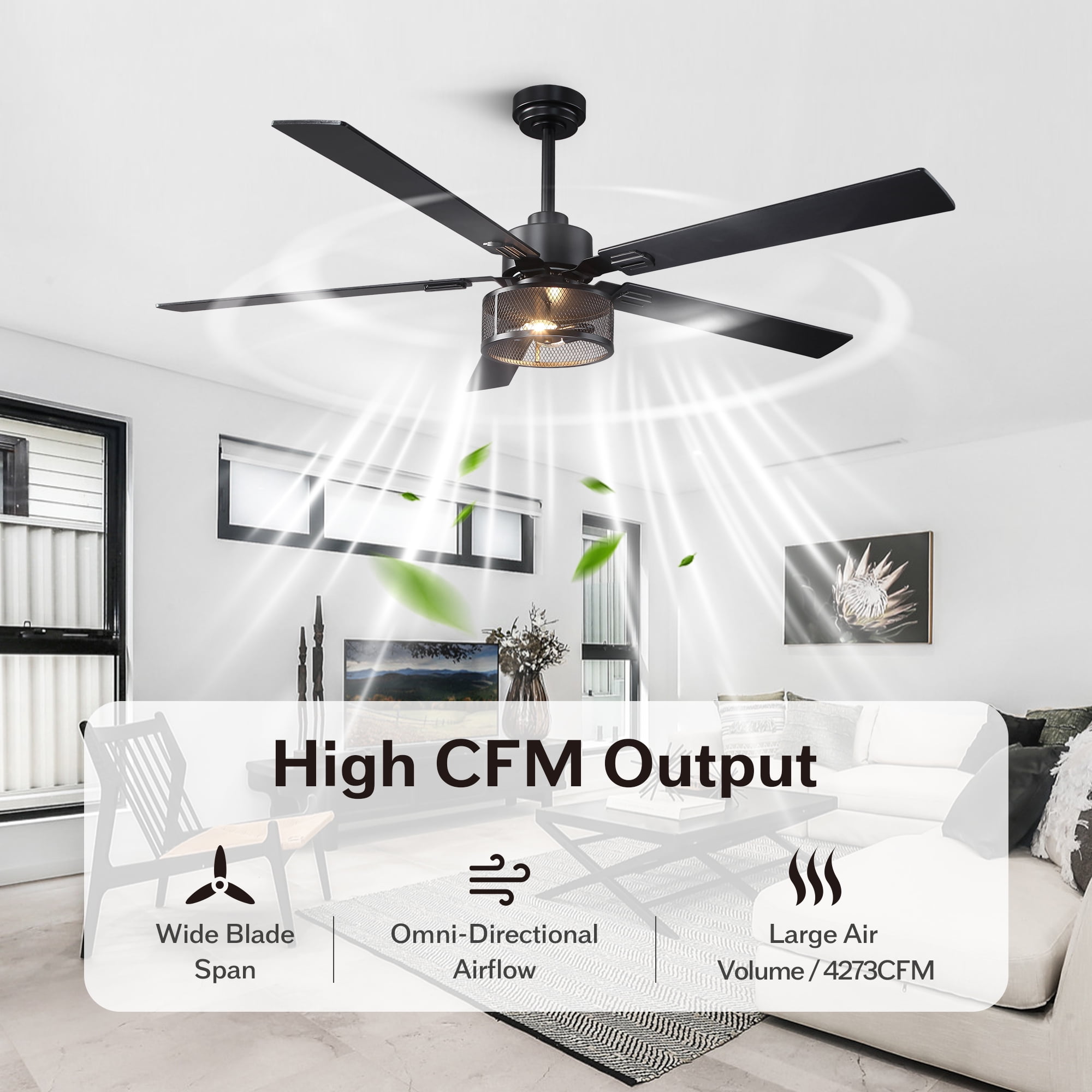 60" Industrial Large Black Smart Ceiling Fan with Dimmable LED Light and Remote
