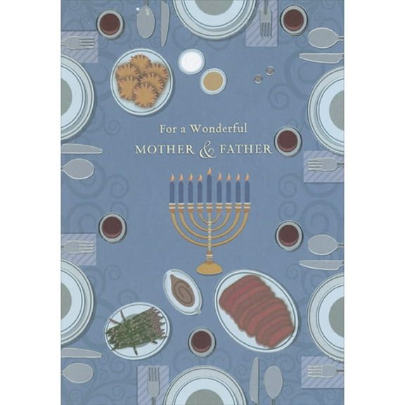 Designer Greetings Overhead View of Dinner Table with Silver Foil Accented Plates Hanukkah Card for Mother and Father