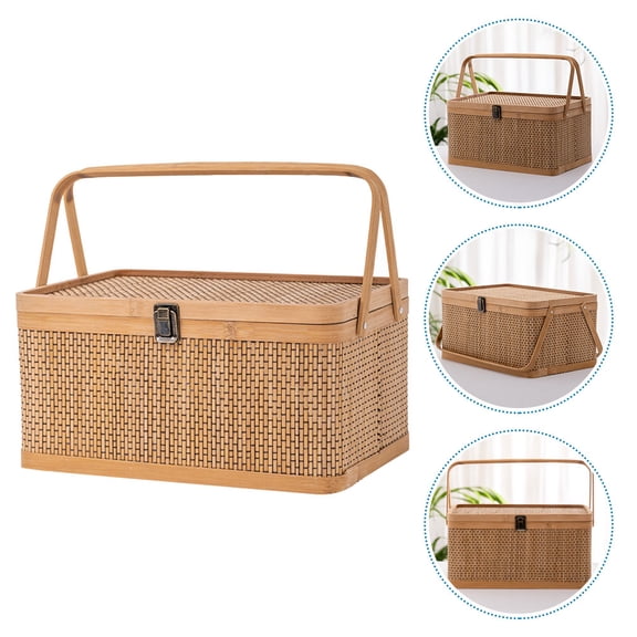 Huaq Woven portable bamboo basket with lid, egg storage basket, picnic basket, holiday gift packaging basket (35*25*18 fully carbonized rectangular) 1pc