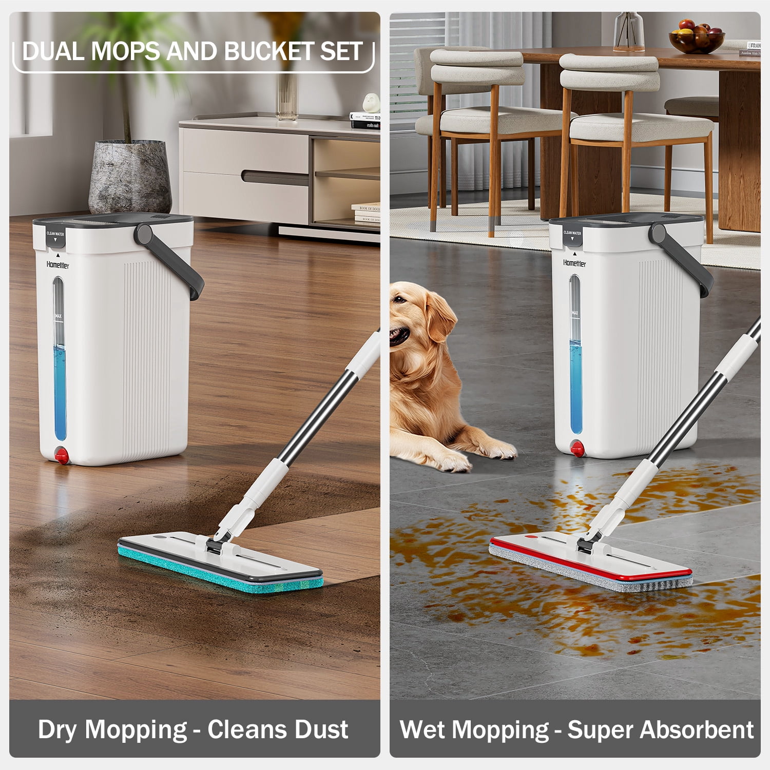 HoMettler Dual-Mop and Bucket Set, 3-Tank Flat Mop and Bucket System with Separate Dirty and Clean Water, Wall Cleaner Mop, Flat Mops for Floor Cleaning with 6 Microfiber Pads