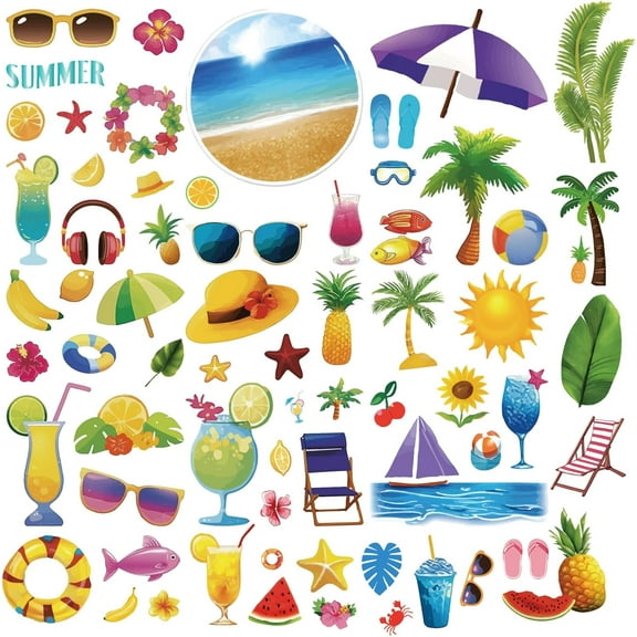 8 Sheets 8 Styles Beach Wall Stickers Summer Tropical Window Clings Summer Drinks Fruits Pool Beach PVC Waterproof Self Adhensive Peel and Stick Wall Decals for Home Office School Party Decor