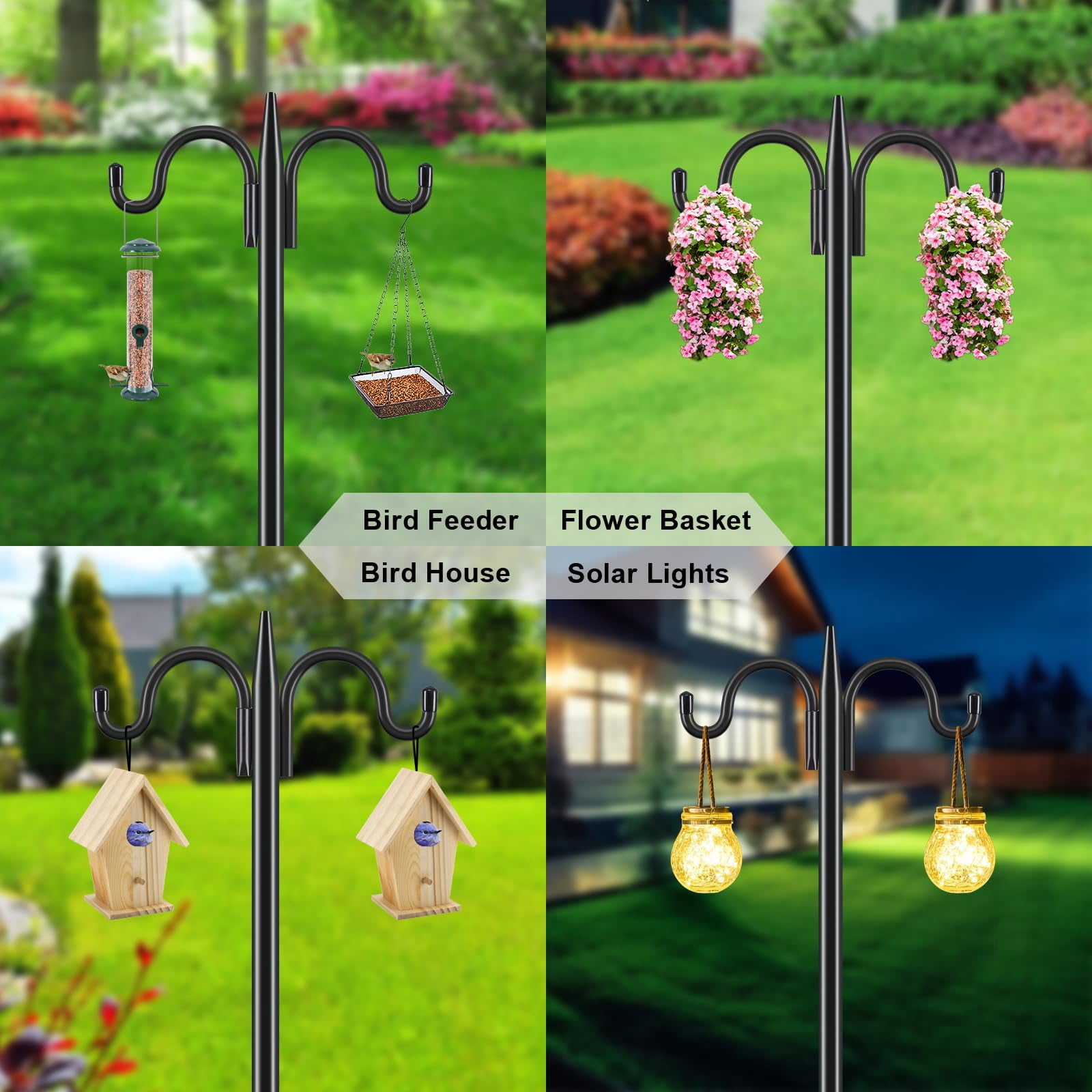 Double Shepherds Hook For Outdoor  2 Pack 63 Inch Heavy Duty Bird Feeder Pole 5/8 Thick Garden Hooks Hanging Hummingbird Plant Baskets Solar Light Lanterns