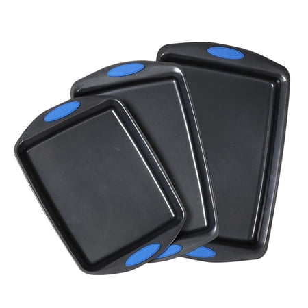 NutriChef 3-Piece Baking Pan Set - PFOA  PFOS  PTFE Free Flexible Nonstick Gray Coating Carbon Steel Bakeware - Professional Home Kitchen Bake Cookie Sheet Stackable Tray w/ Blue Silicone Handles