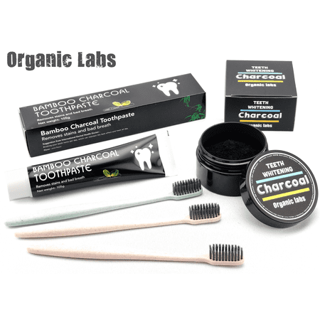 Whitening Powered Toothbrush - Teeth Whitening Bundle - Bamboo Charcoal Toothpaste + Activated Coconut Charcoal Powder + 3 Wheat Straw Toothbrushes
