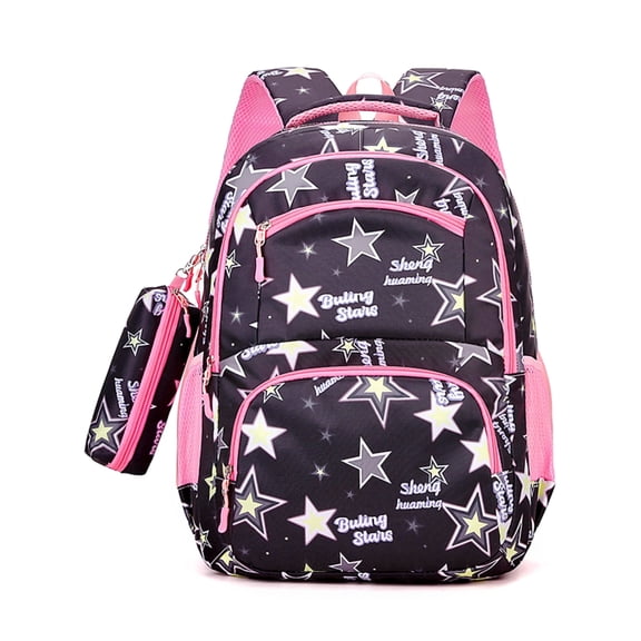 School Backpack for Girls, 2 Piece School Bag Set with Pencil Case, Large Lightweight Kids Bookbags, Black Pink