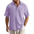 thumbnail image 4 of Men's Short Sleeve Button Down Shirt, Cotton Solid Color Textured Pleated Casual Shirt, Lightweight Loose Fit Beach Vacation Top for Men, Double Layer Crinkle Shirt Purple XL, 4 of 10