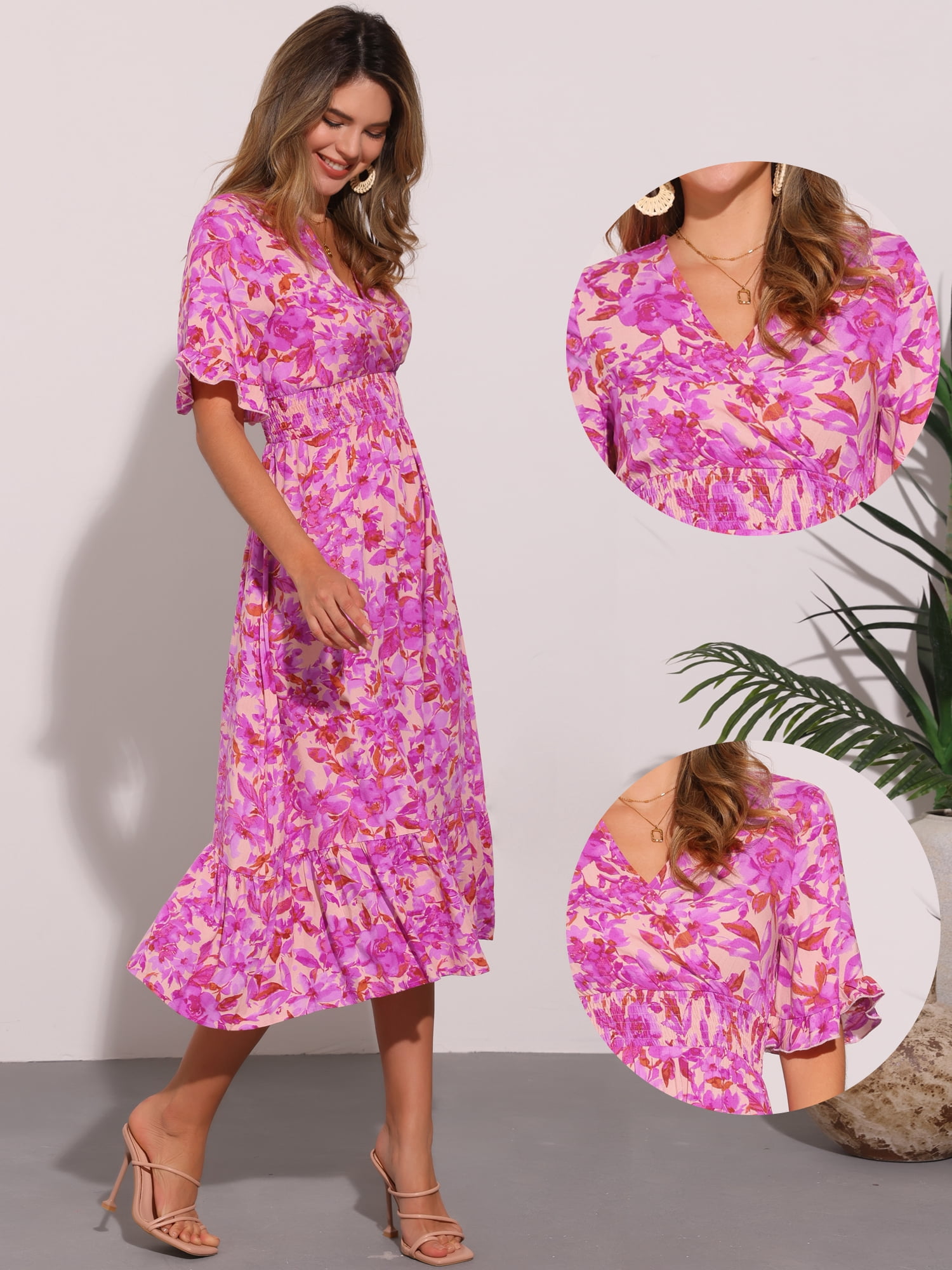 DARING DIVA Floral Summer Casual Ruffled Hem Wrap Midi Dress XS Rose Pink