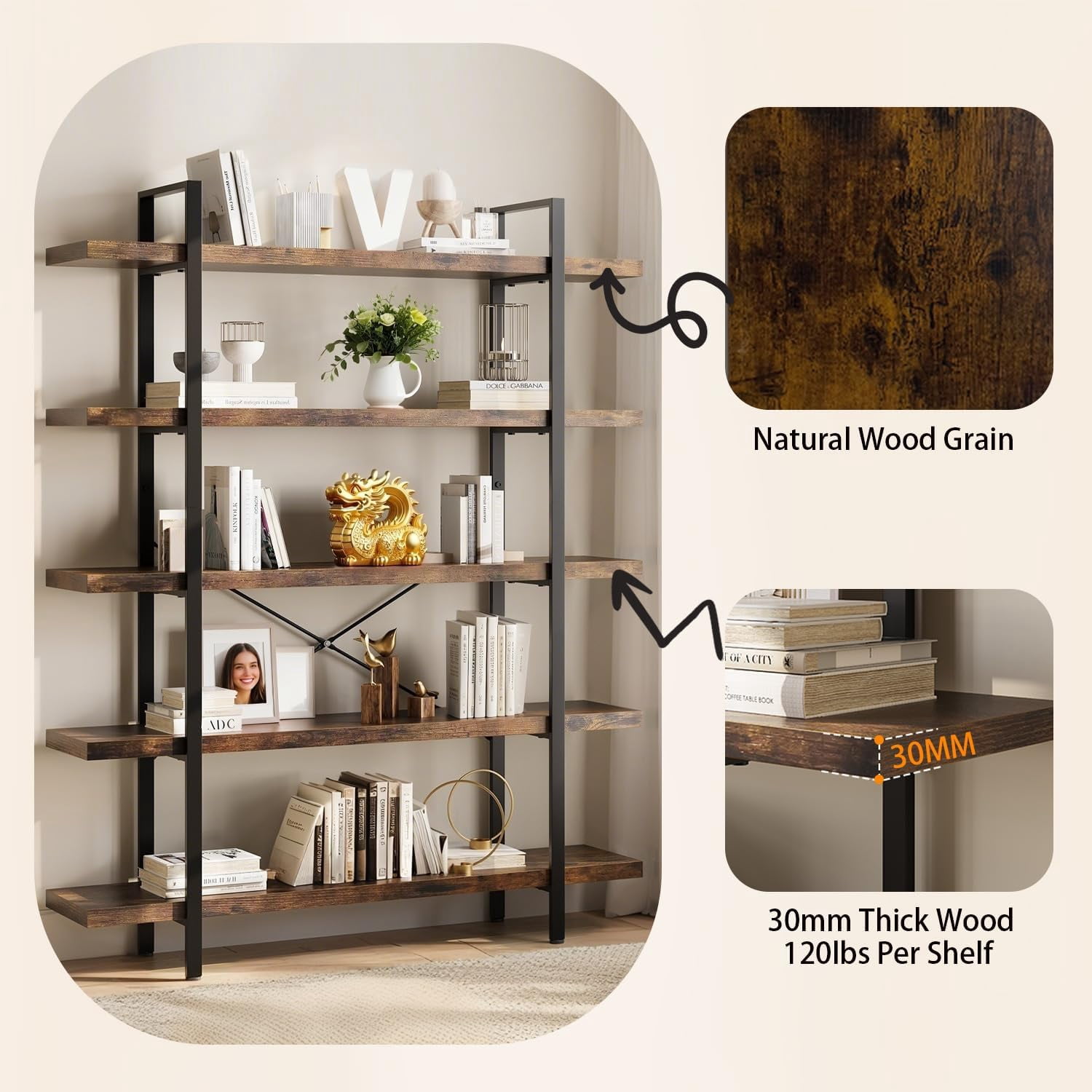 5-Tier Industrial Bookcase, 47 Inch Wide Wood Bookshelf, 120lbs Shelf Capacity, Rustic Open Shelving Heavy Duty Display with Reinforced Horizontal Brown Shelves for Living Room Bedroom Office