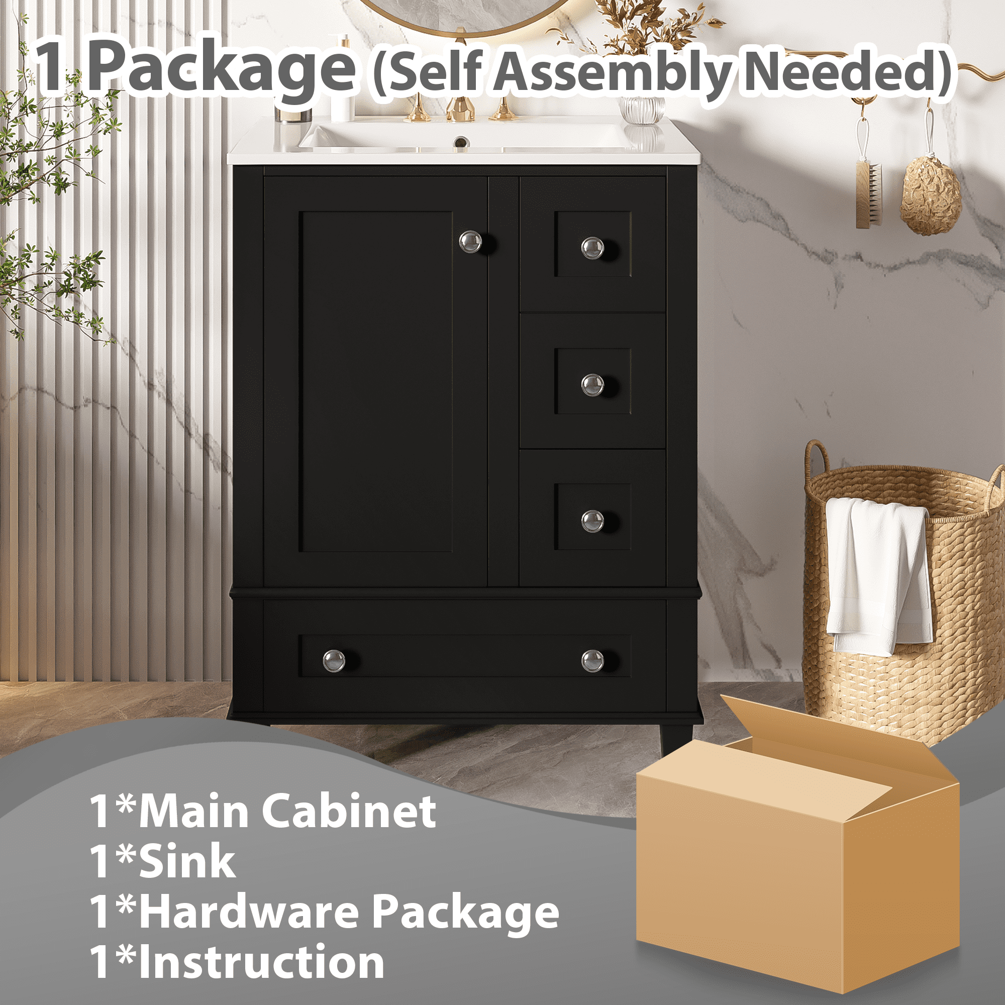 MODERNLUXE 24" Bathroom Vanity with Ceramic Sink,Modern Bathroom Storage Cabinet with A Door-mounted Double-Layer Shelf,1 Soft Closing Door & 3 Drawers, Freestanding Cabinet with Sink Combo Set,Black