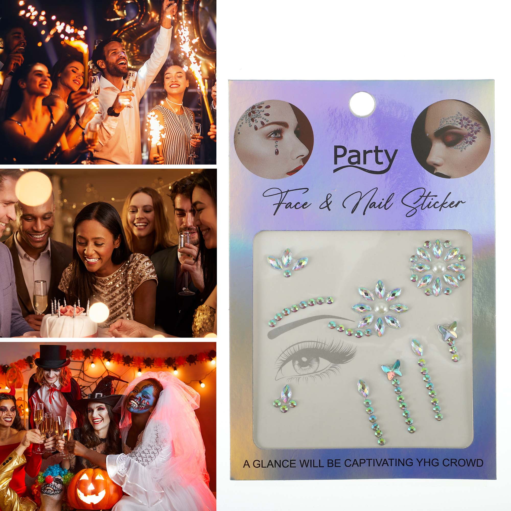 NOMADIC NOOK Eye-catching Face Rhinestone Stickers Assorted Color 2 Pcs