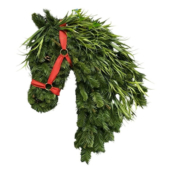 Horse Head Wreath Farmhouse Front Door Handmade Seasonal Greenery with Red Bow for Outdoor Spaces and Barn