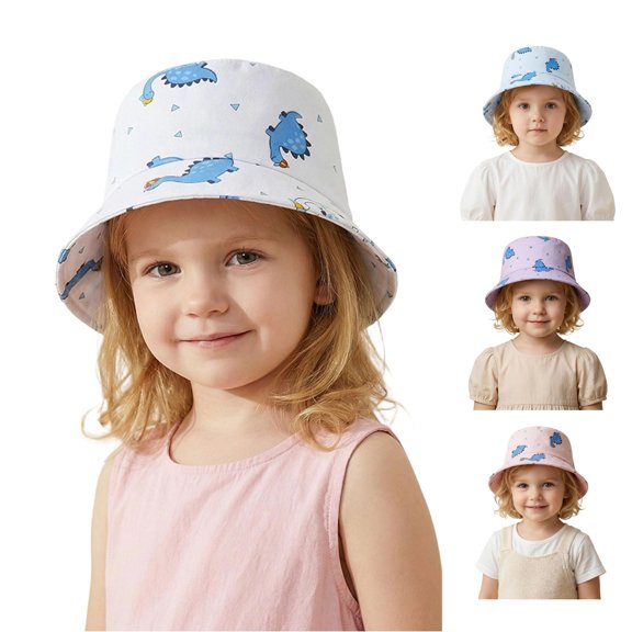 Oiyii Toddler Boys Printed Bucket Hats All‑Over‑Dinosaur‑Print Outdoor Sun Hats, White