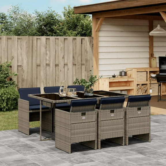 vidaXL 7 Piece Patio Dining Set with Cushions Gray Poly Rattan