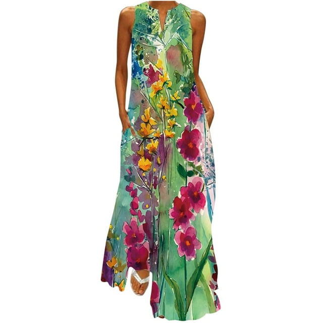 Robe Maxi Sans Manches à Imprimé Floral pour Femmes, Col en V, Robes Décontractées avec Poches, Robe Longue d'Été Ample