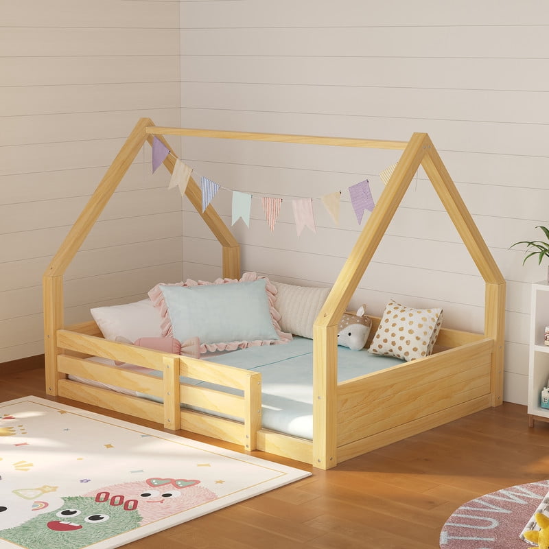 Euroco Wood Full Size Platform Bed, Low Profile House Floor Bed with Guardrails, White