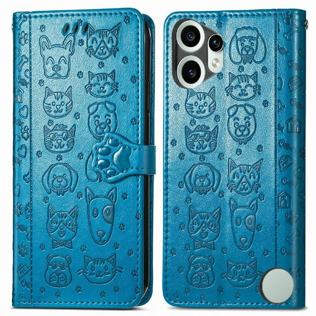 Étui à Rabat pour FOXDOCK Nothing CMF Phone 2 Pro, Étui à Rabat en Cuir PU Gaufré Chat et Chien avec Fentes pour Cartes, Support