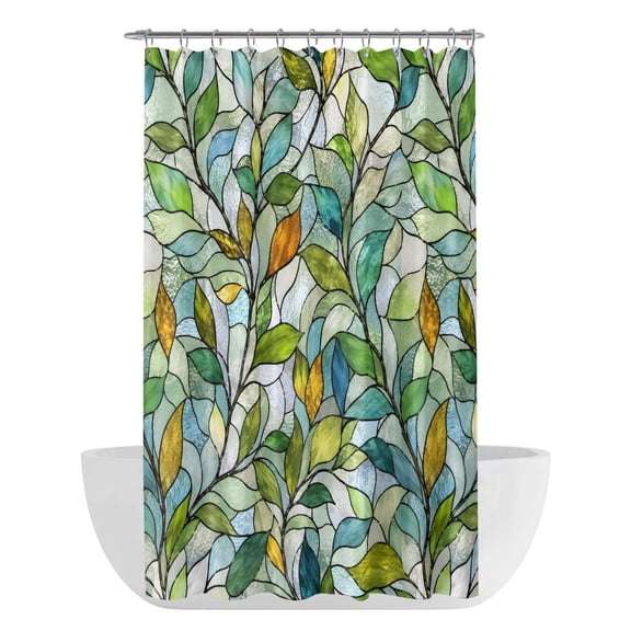 Green Leaves Shower Curtain - Water Repellent Fabric Shower Curtains Washable, Stained Glass Chic Botanical Branches Decorative Polyester Cloth Bathroom Curtains Modern Bath Decor 36"x72"