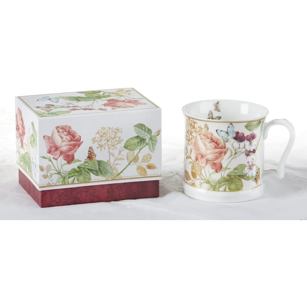 Delton 4.2" Porcelain Milk Mug/Box, Burgundy Peony
