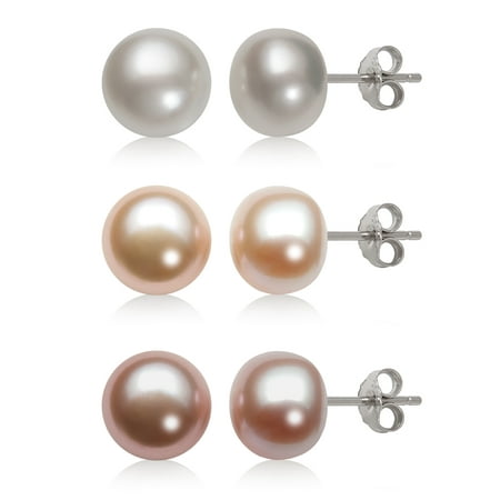 White, Peach, and Lavender Cultured Freshwater Pearl Stud Set in Sterling Silver