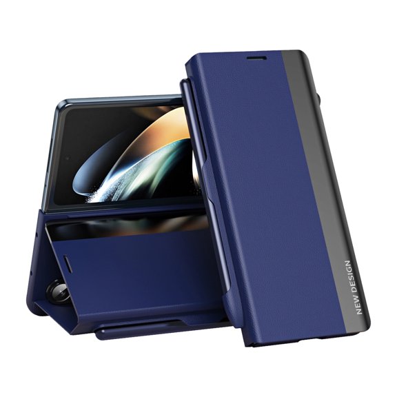 Magnetic Case for Samsung Galaxy Z Fold 5, Slim Leather Case with Pen Slot Kickstand Function Complimentary Stylus Full Body Protection Plating Case for Galaxy Z Fold 5, Blue