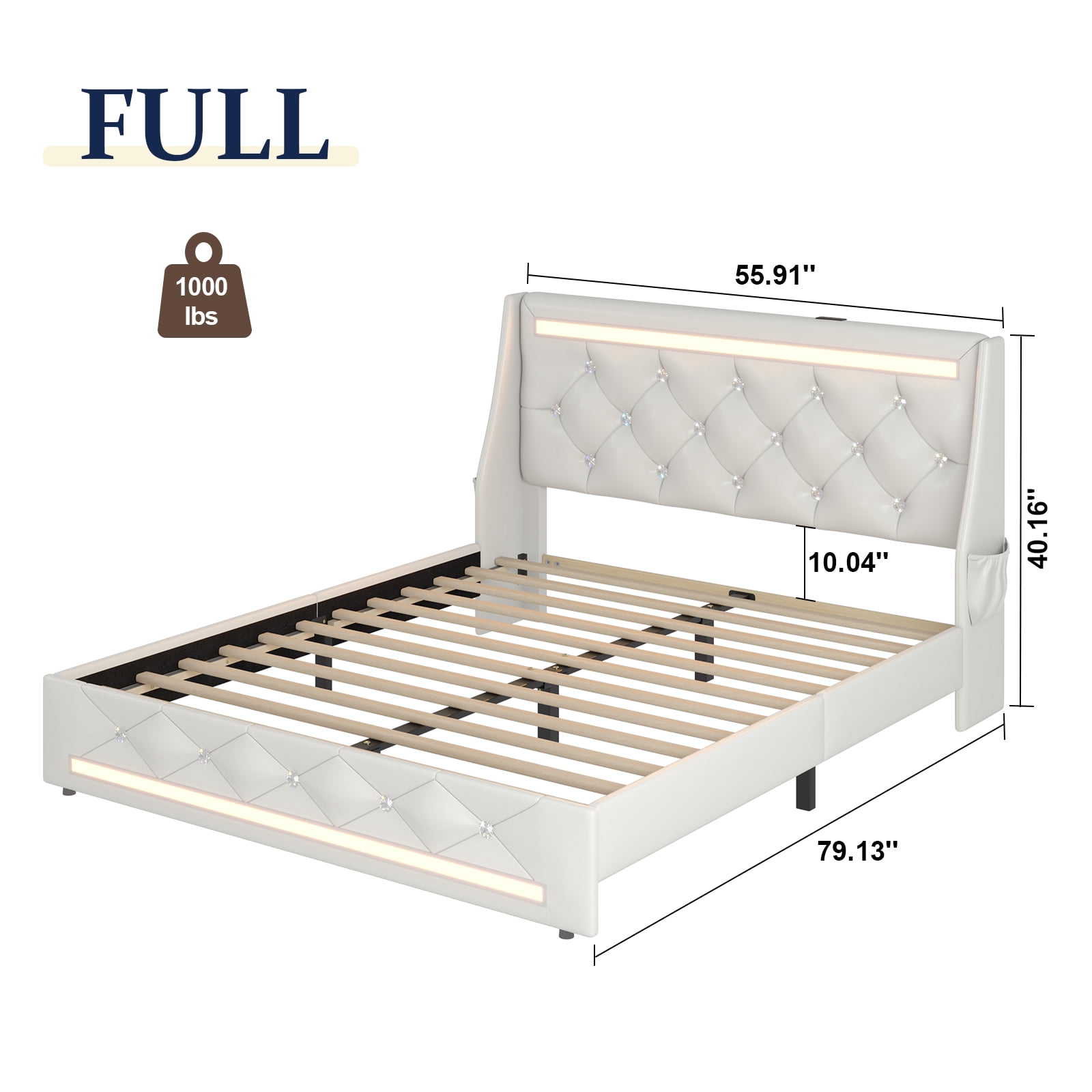 Holiway Full Size LED Bed Frame with Upholstered Headboard, Wingback PU Leather Headboard with Charging Station, Diamond Tufting, White