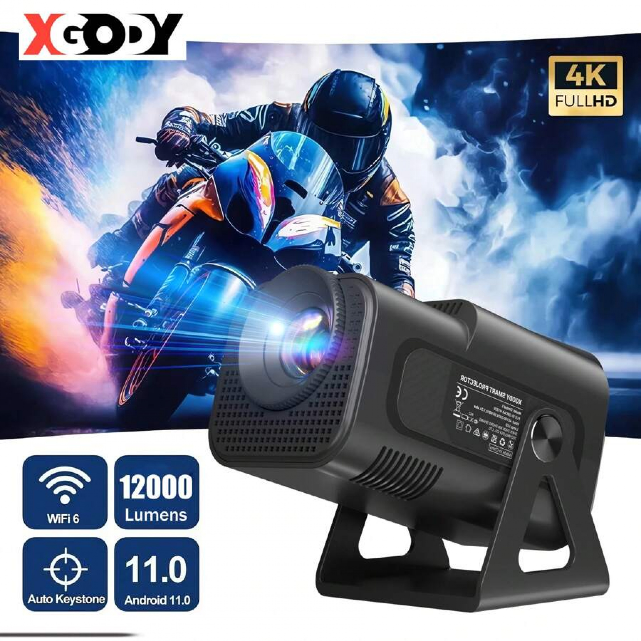 Mini Vidéoprojecteur 1080P 800 ANSI - Android 14, WiFi 6, Mise Au Point Auto - Compatible 4K/8K, 180° - 4