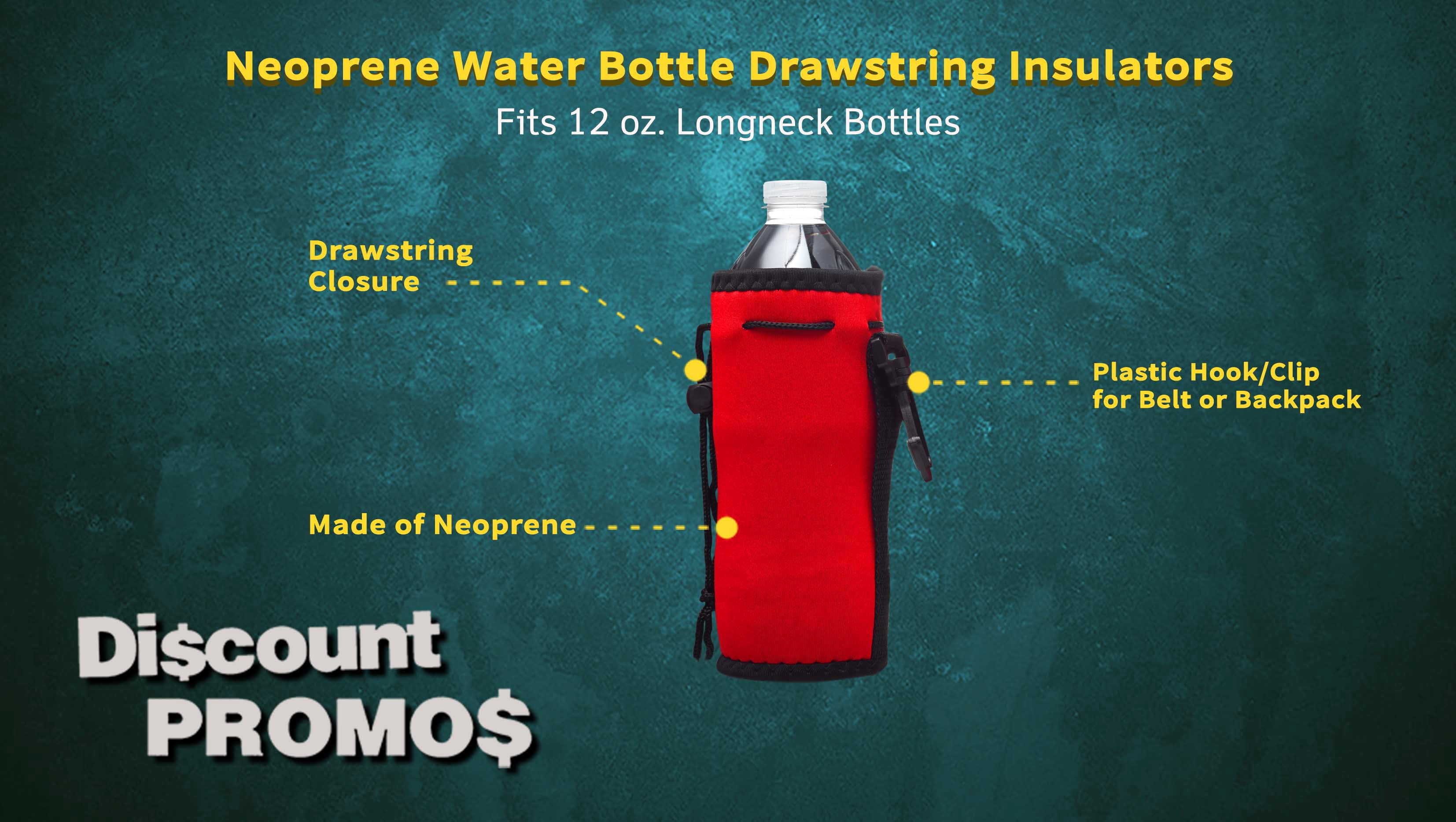 10 Neoprene Water Bottle Drawstring Insulators Pack - 12 oz. Longneck, Hook - Red
