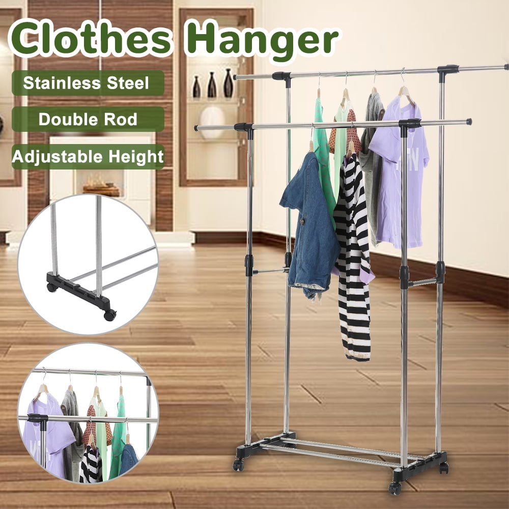 Cloth Hanger Shelf, Double Rail Garment Rack Commercial Grade Rolling
