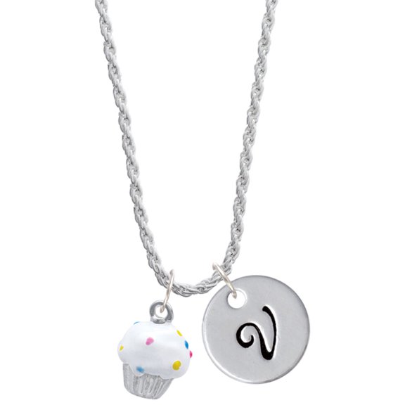 Delight Jewelry Silvertone 3-D White Cupcake with Sprinkles Silvertone Script Initial Disc - V - Charm Necklace, 20"+3"