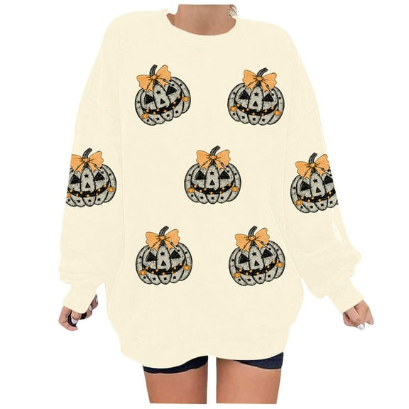 Lcziwo Pumpkin Halloween Sweatshirts for Women Long Sleeve Crew Neck Pullover Funny Graphic Print Oversized Sweatshirts Lounge Fall Fashion Tops Beige,L